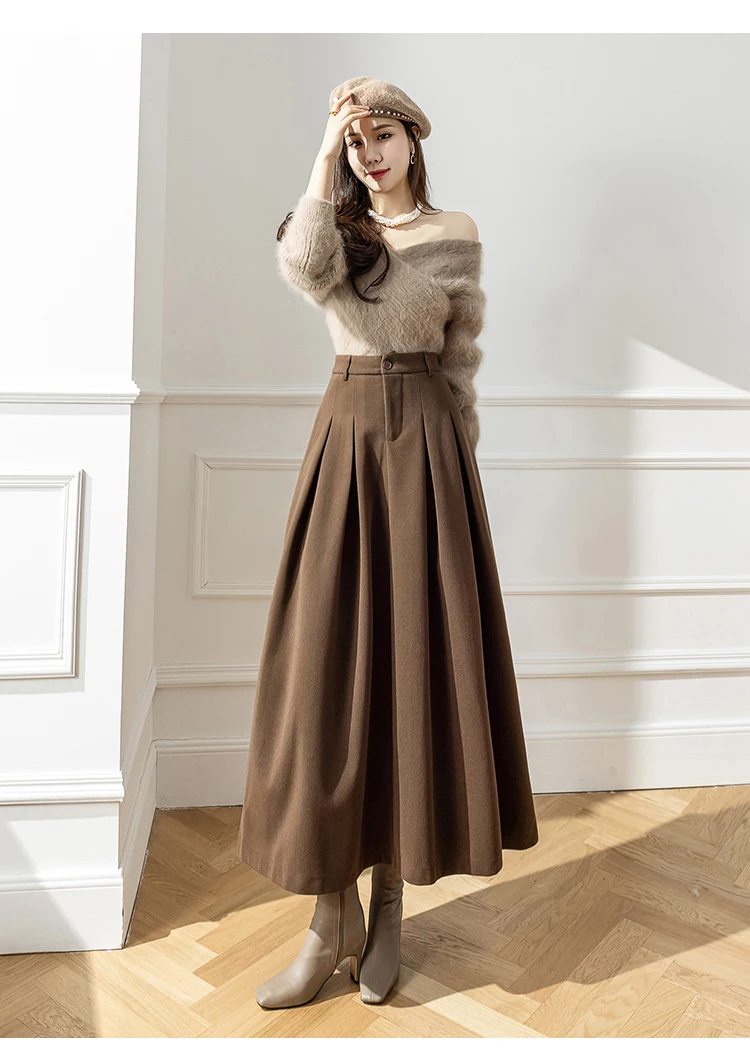 Elegant Women Faux Woolen Skirts For Office Ladies Pockets Casual Loose A-Line High Waist Midi Skirt 2025 Autumn Winter SK11