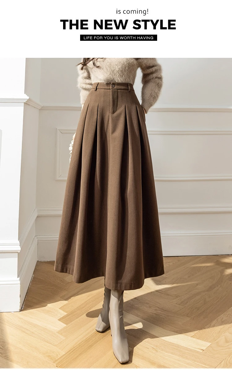 Elegant Women Faux Woolen Skirts For Office Ladies Pockets Casual Loose A-Line High Waist Midi Skirt 2025 Autumn Winter SK11