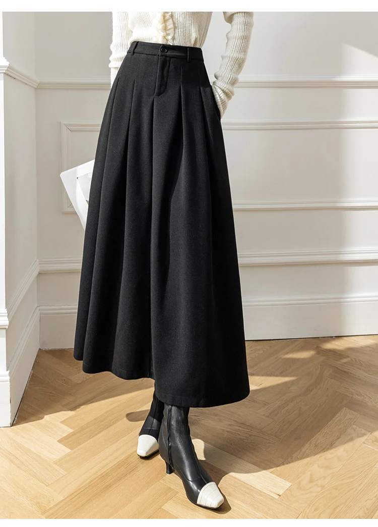 Elegant Women Faux Woolen Skirts For Office Ladies Pockets Casual Loose A-Line High Waist Midi Skirt 2025 Autumn Winter SK11