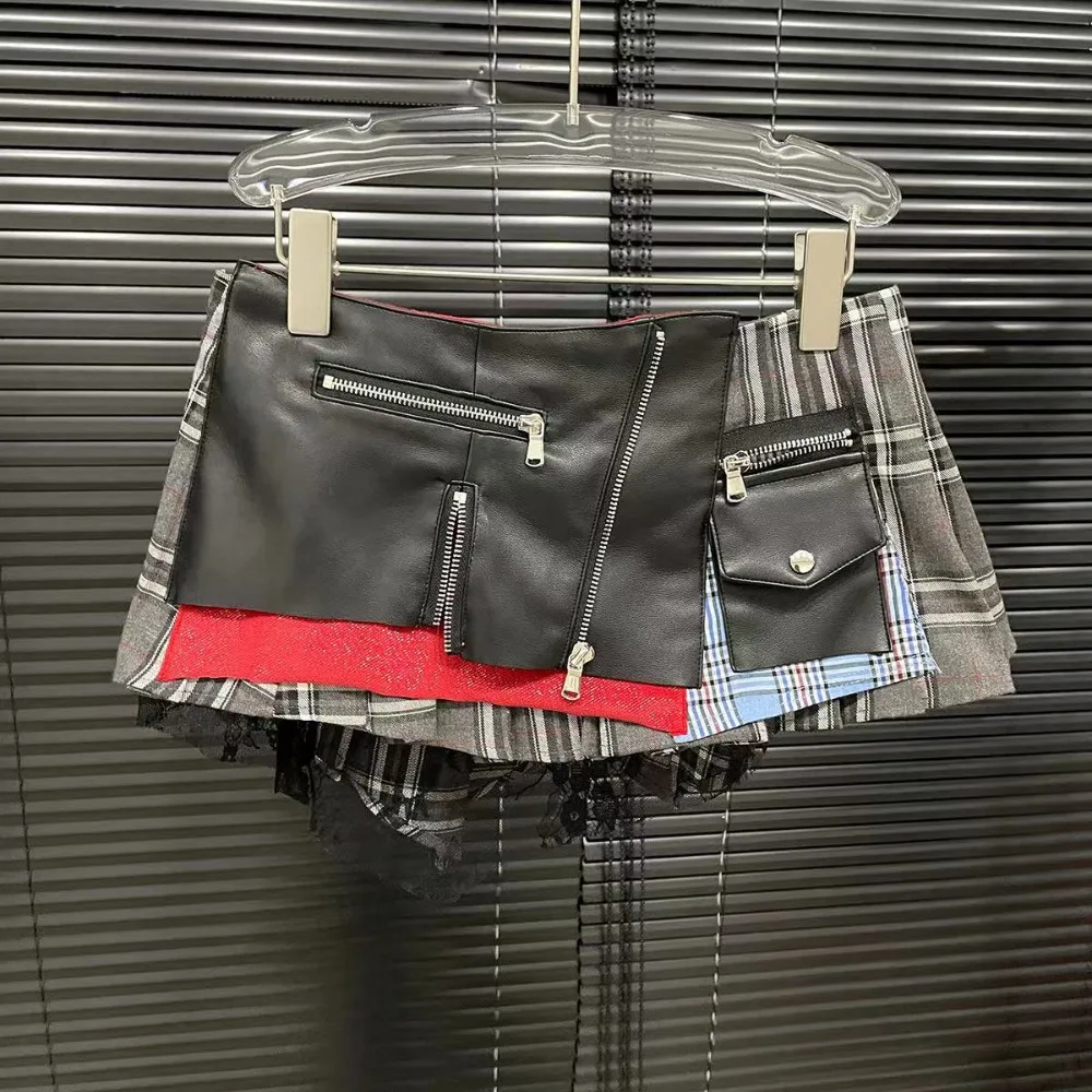 FLARORA Fashion Y2k Patchwork Plaid Design Skirts Woman High Waist Zip Pocket Mini Pleated Skirt Trendy Female Street Bottoms