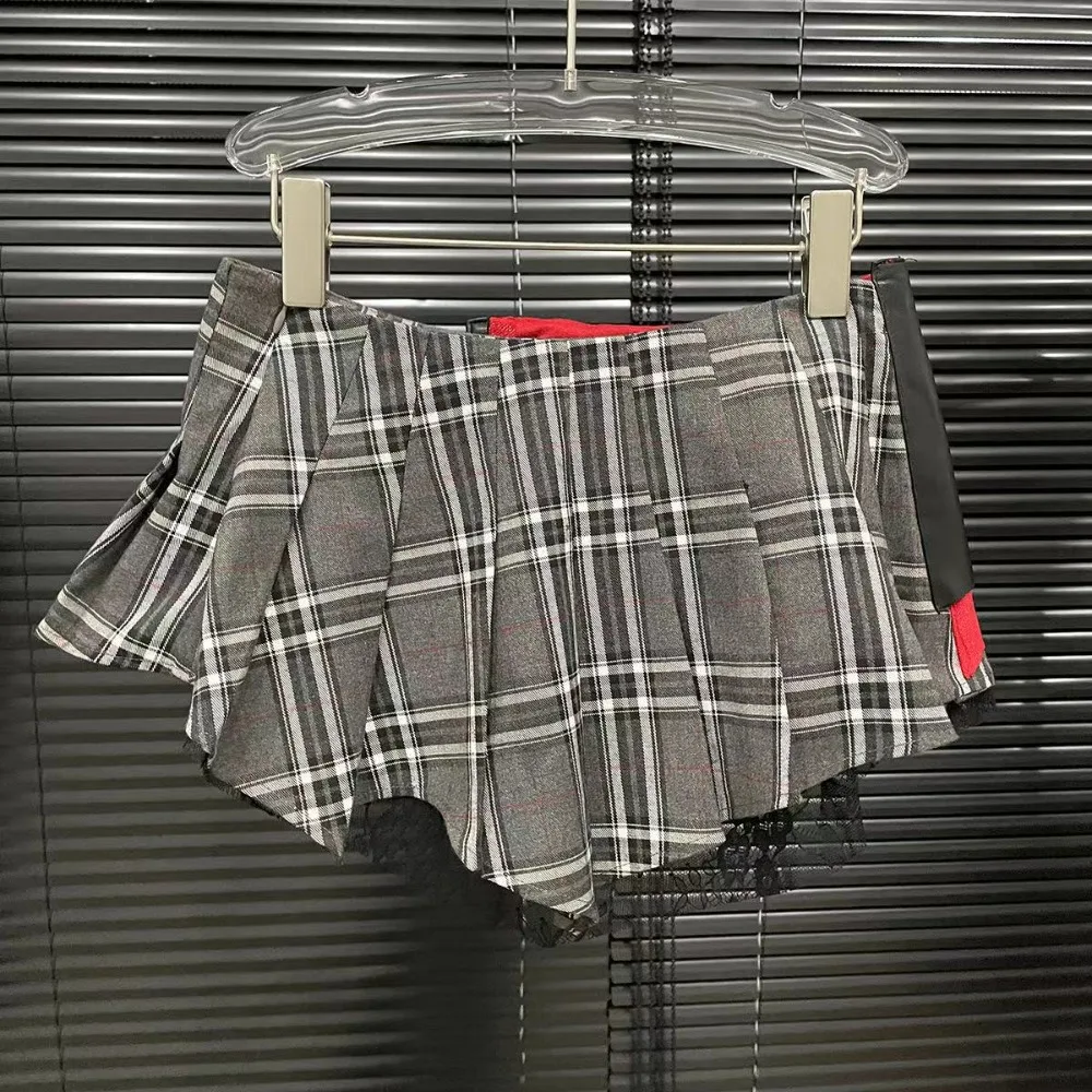 FLARORA Fashion Y2k Patchwork Plaid Design Skirts Woman High Waist Zip Pocket Mini Pleated Skirt Trendy Female Street Bottoms