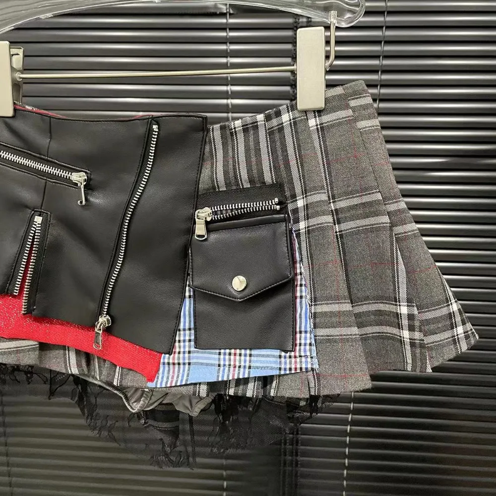 FLARORA Fashion Y2k Patchwork Plaid Design Skirts Woman High Waist Zip Pocket Mini Pleated Skirt Trendy Female Street Bottoms