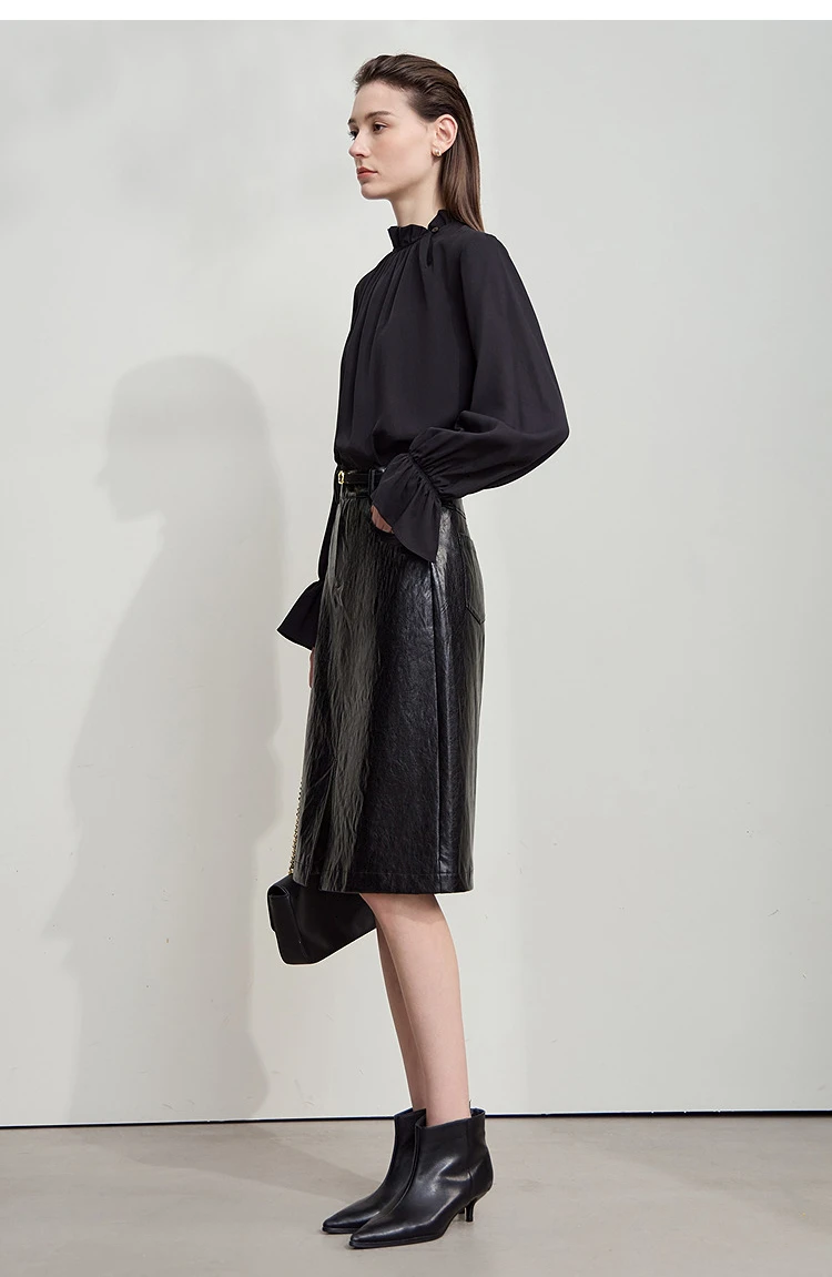 AMII Minimalist PU Leather Skirt For Women 2026 American Retro Knee-Length Skirt Solid Basics Business Women's Clothing 12553014