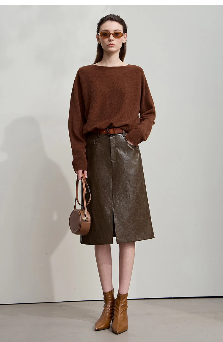 AMII Minimalist PU Leather Skirt For Women 2026 American Retro Knee-Length Skirt Solid Basics Business Women's Clothing 12553014