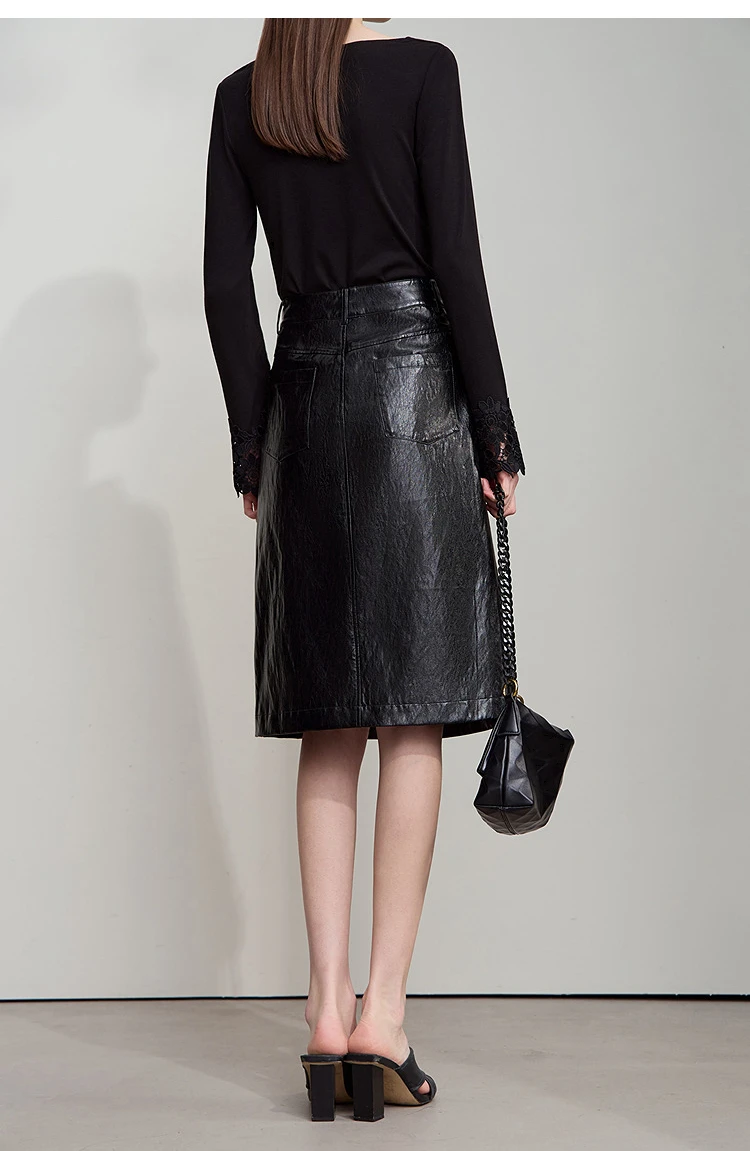AMII Minimalist PU Leather Skirt For Women 2026 American Retro Knee-Length Skirt Solid Basics Business Women's Clothing 12553014