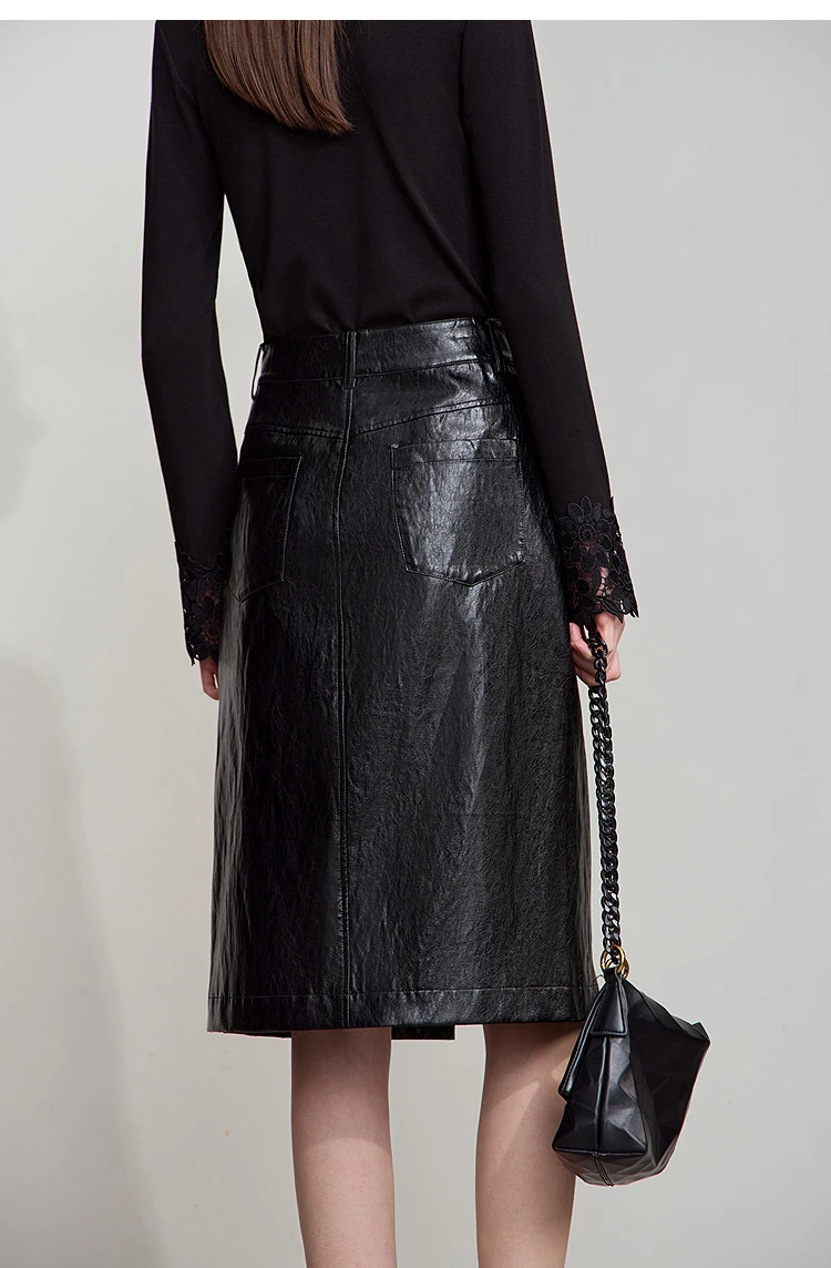 AMII Minimalist PU Leather Skirt For Women 2026 American Retro Knee-Length Skirt Solid Basics Business Women's Clothing 12553014