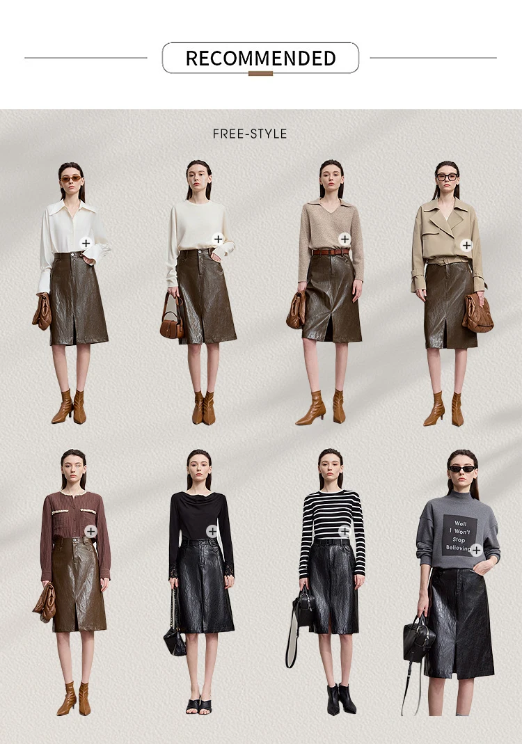 AMII Minimalist PU Leather Skirt For Women 2026 American Retro Knee-Length Skirt Solid Basics Business Women's Clothing 12553014