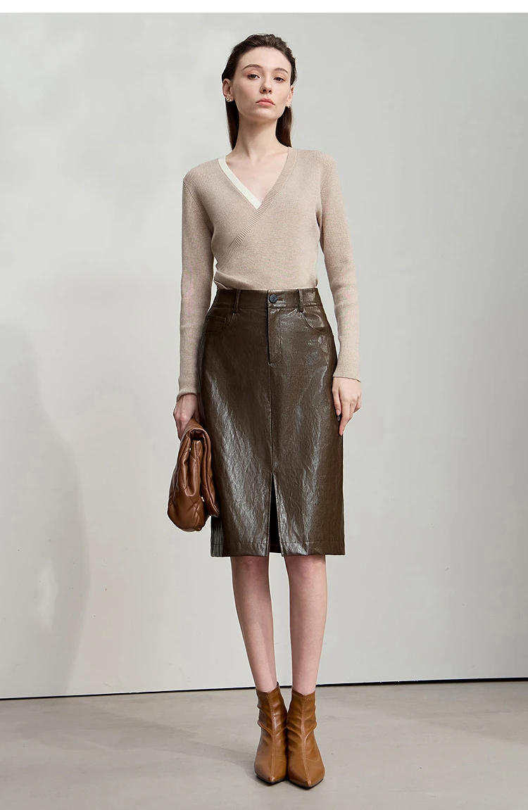 AMII Minimalist PU Leather Skirt For Women 2026 American Retro Knee-Length Skirt Solid Basics Business Women's Clothing 12553014