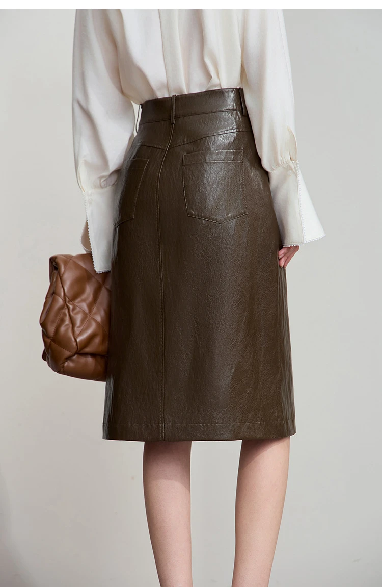 AMII Minimalist PU Leather Skirt For Women 2026 American Retro Knee-Length Skirt Solid Basics Business Women's Clothing 12553014