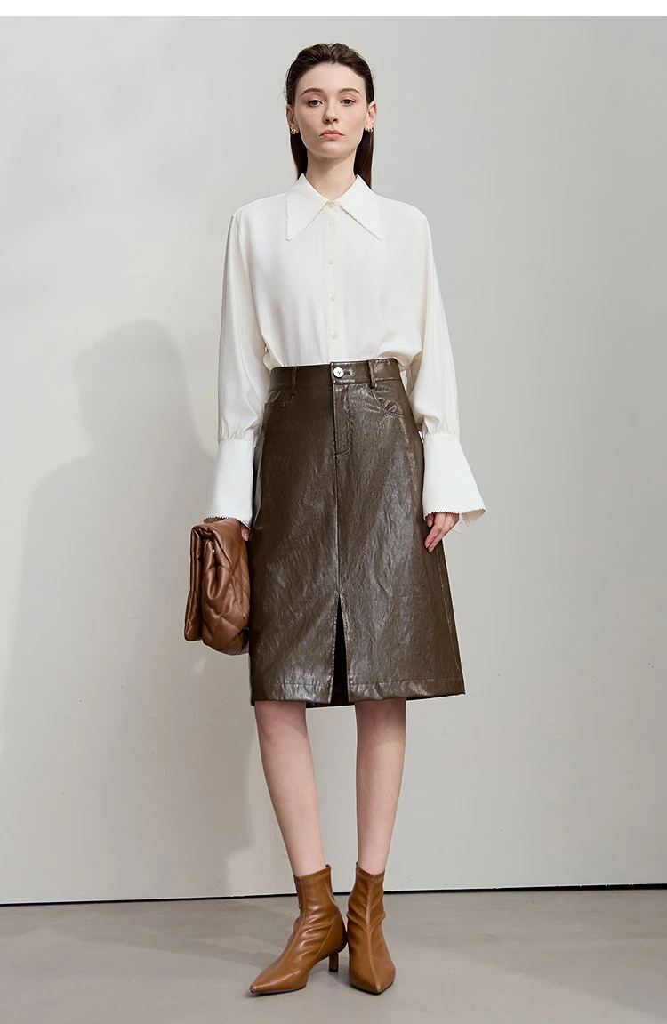 AMII Minimalist PU Leather Skirt For Women 2026 American Retro Knee-Length Skirt Solid Basics Business Women's Clothing 12553014