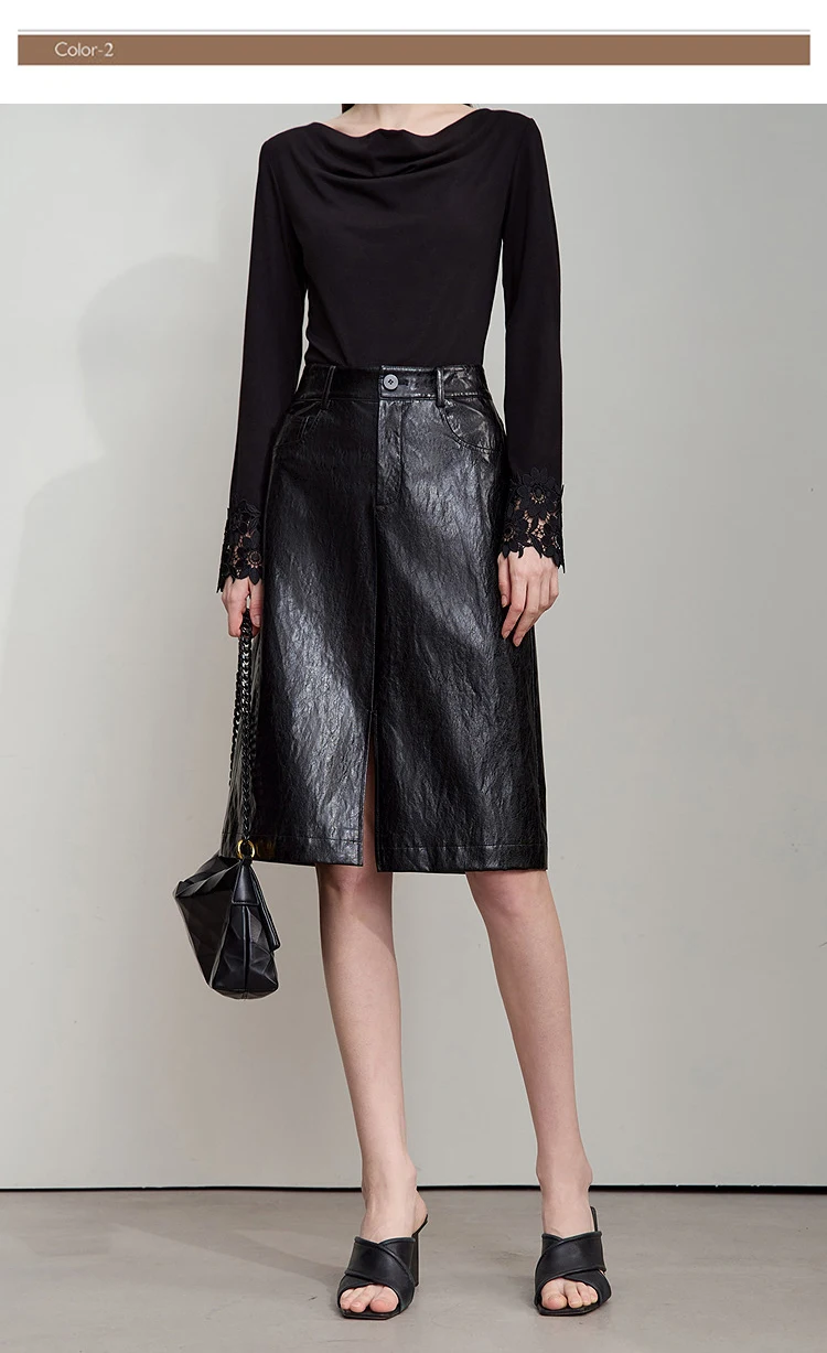 AMII Minimalist PU Leather Skirt For Women 2026 American Retro Knee-Length Skirt Solid Basics Business Women's Clothing 12553014