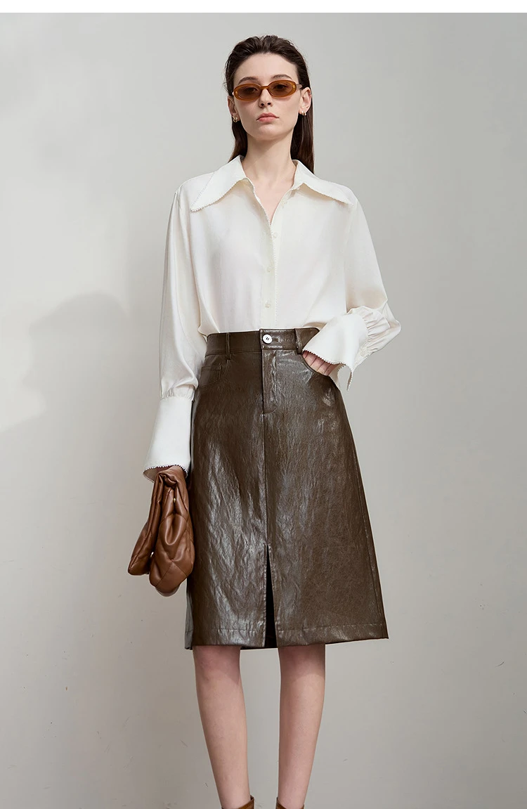 AMII Minimalist PU Leather Skirt For Women 2026 American Retro Knee-Length Skirt Solid Basics Business Women's Clothing 12553014