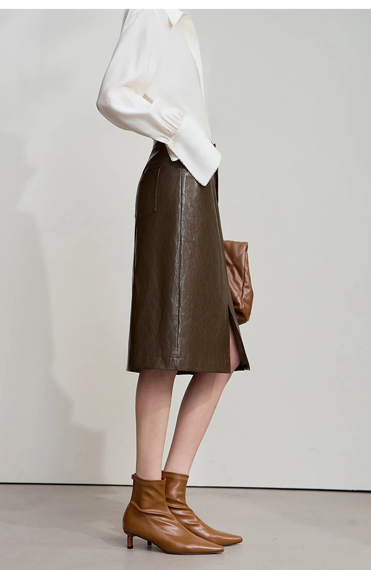 AMII Minimalist PU Leather Skirt For Women 2026 American Retro Knee-Length Skirt Solid Basics Business Women's Clothing 12553014