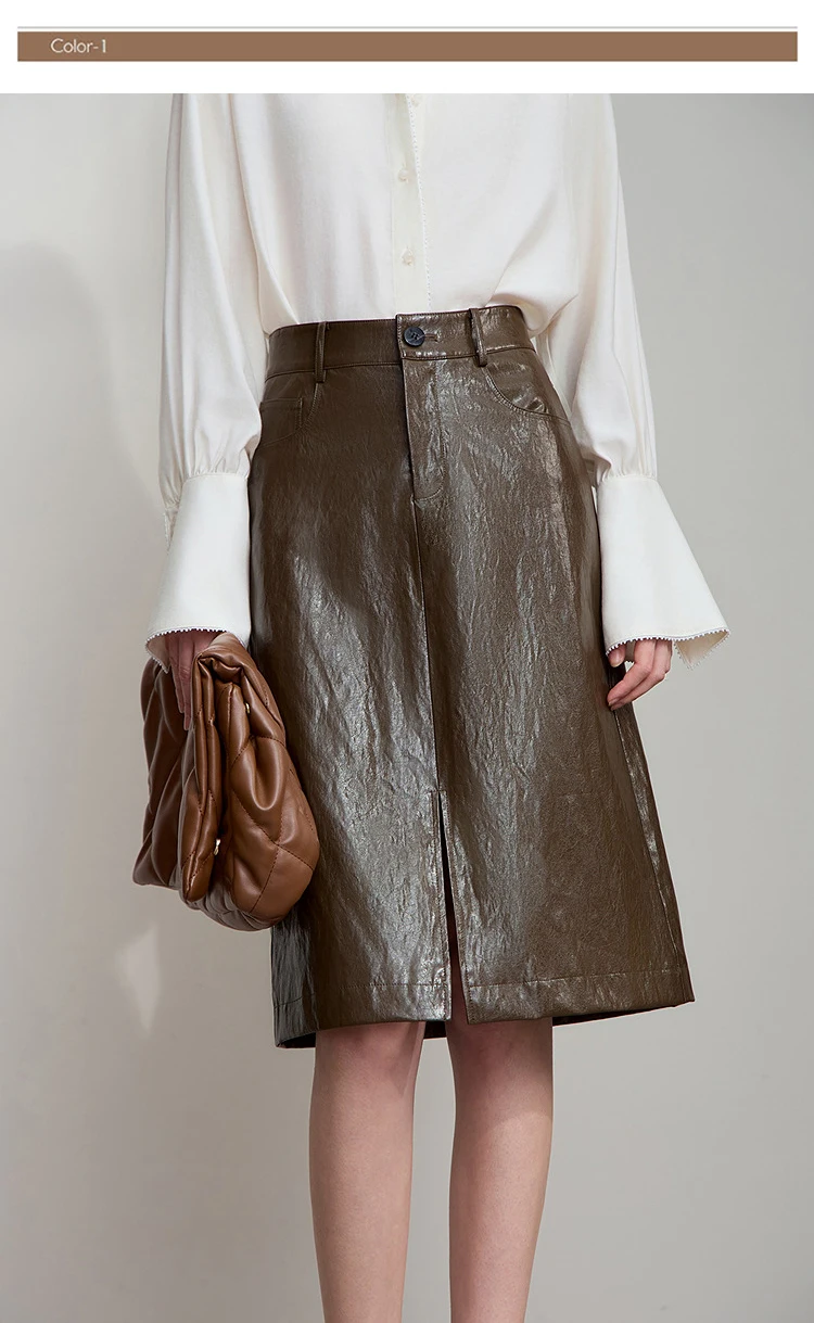 AMII Minimalist PU Leather Skirt For Women 2026 American Retro Knee-Length Skirt Solid Basics Business Women's Clothing 12553014
