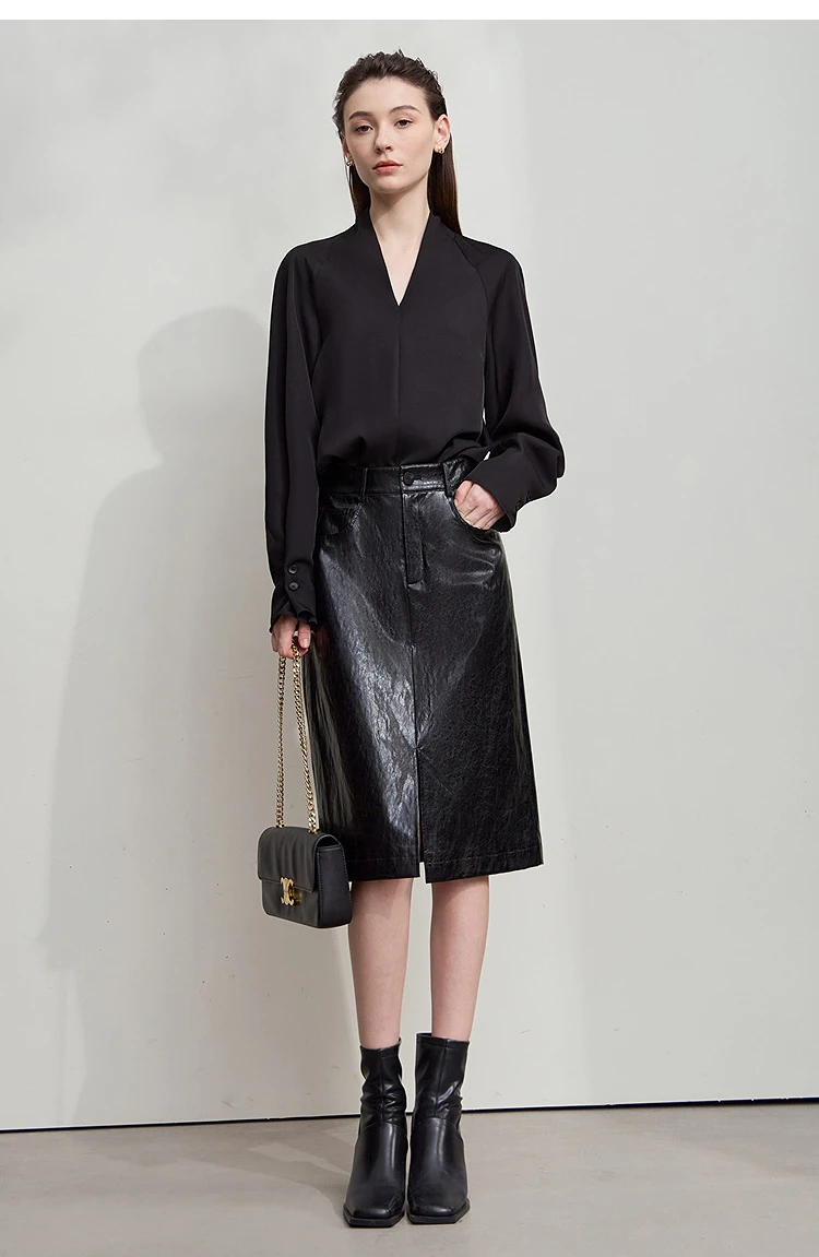 AMII Minimalist PU Leather Skirt For Women 2026 American Retro Knee-Length Skirt Solid Basics Business Women's Clothing 12553014