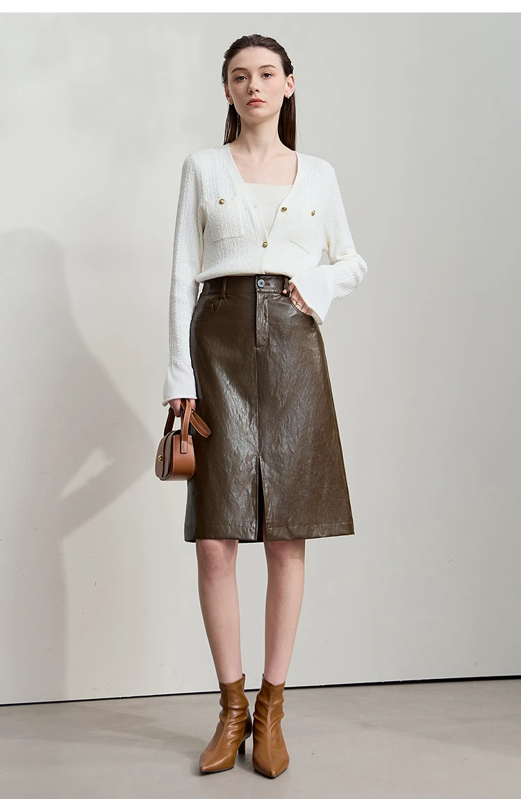 AMII Minimalist PU Leather Skirt For Women 2026 American Retro Knee-Length Skirt Solid Basics Business Women's Clothing 12553014
