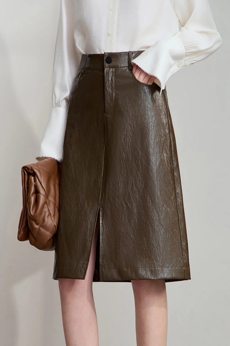 AMII Minimalist PU Leather Skirt For Women 2026 American Retro Knee-Length Skirt Solid Basics Business Women's Clothing 12553014