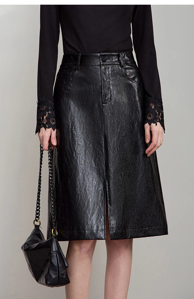 AMII Minimalist PU Leather Skirt For Women 2026 American Retro Knee-Length Skirt Solid Basics Business Women's Clothing 12553014