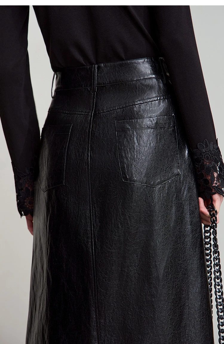 AMII Minimalist PU Leather Skirt For Women 2026 American Retro Knee-Length Skirt Solid Basics Business Women's Clothing 12553014