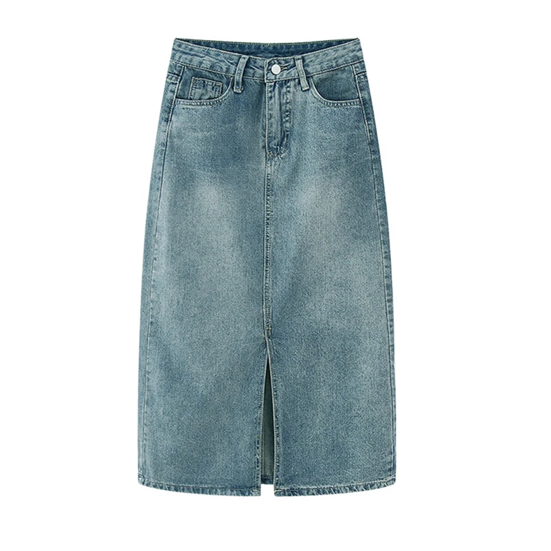 Summer New High-Waist Slit Denim Skirt For Women Washed Retro A- Line Skirt Hip-Covering Straight Long Skirt