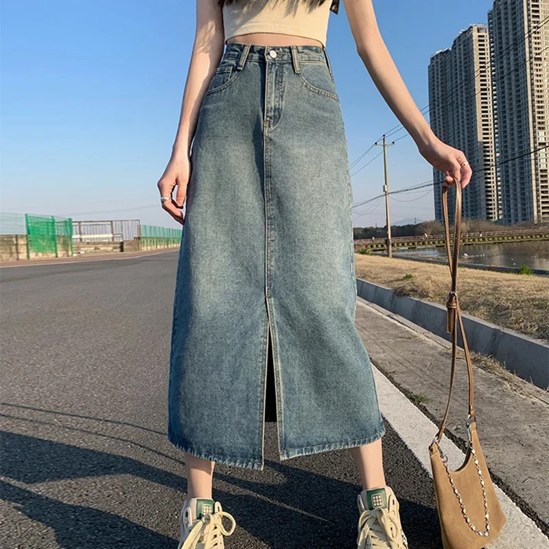 Summer New High-Waist Slit Denim Skirt For Women Washed Retro A- Line Skirt Hip-Covering Straight Long Skirt