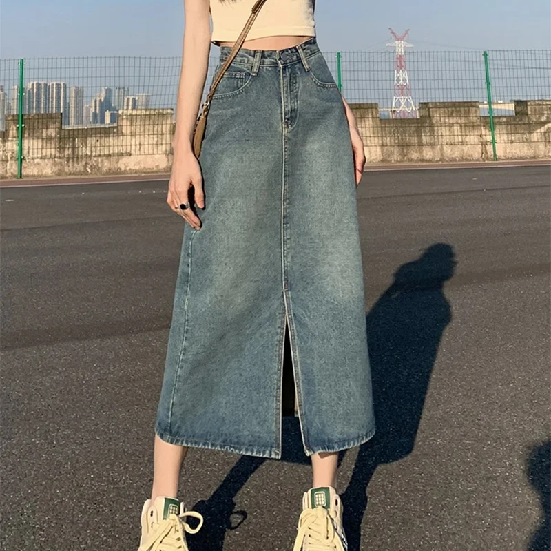 Summer New High-Waist Slit Denim Skirt For Women Washed Retro A- Line Skirt Hip-Covering Straight Long Skirt