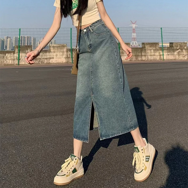 Summer New High-Waist Slit Denim Skirt For Women Washed Retro A- Line Skirt Hip-Covering Straight Long Skirt