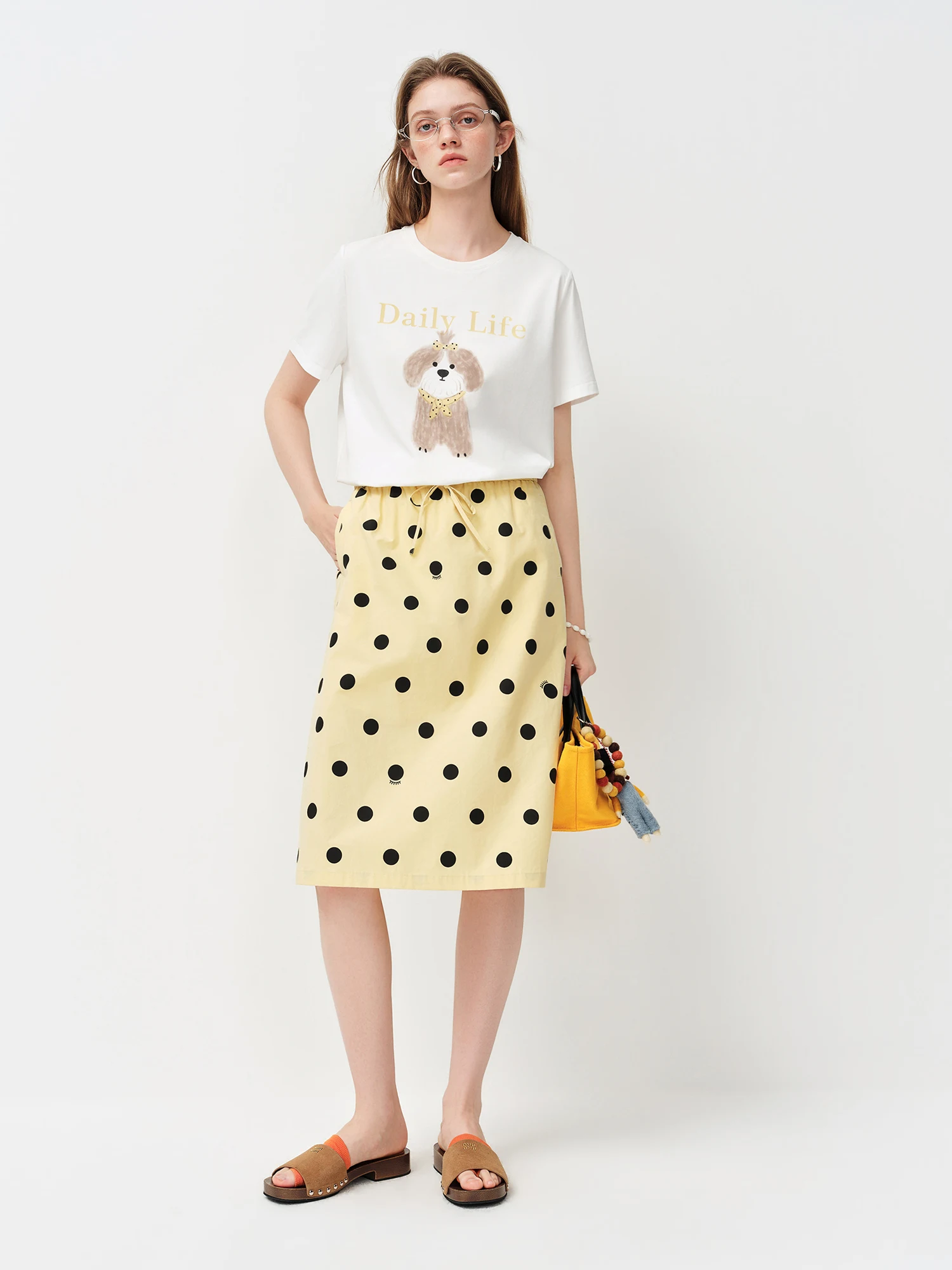 FSLE Polka Dot Print Youthful Straight A-line Skirt Women's Spring 2026 New Retro Elastic Waist Skirt Knee-length Chic Trendy BF