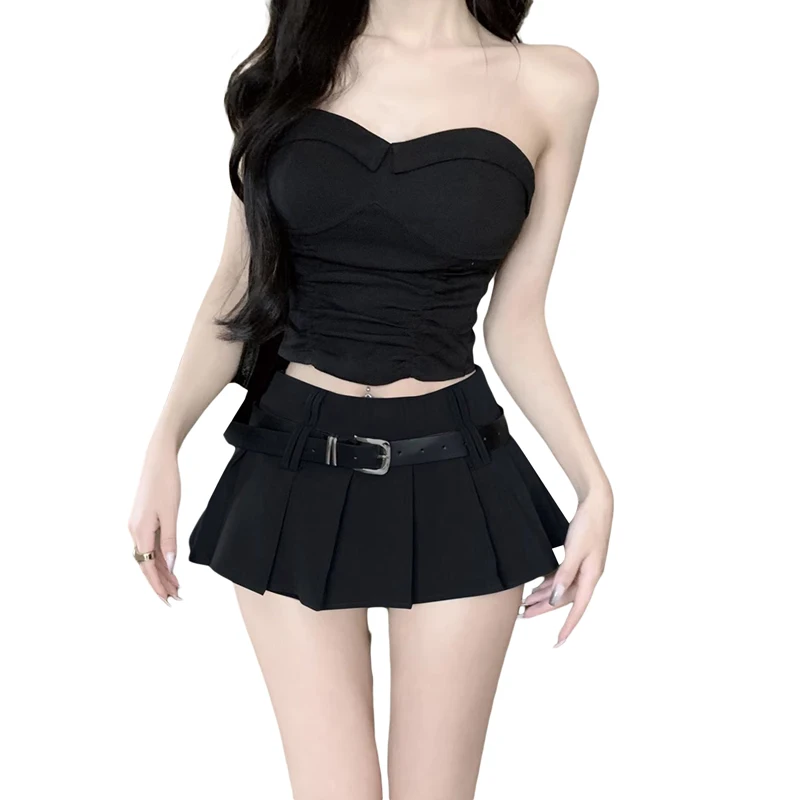 Xingqing Pleated Mini Skirt Women y2k Preppy Style Solid Color High Waist A Line Skirt with Belt 2000s Party Skirts Streetwear