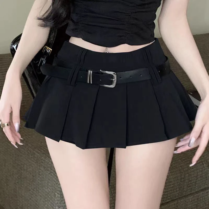 Xingqing Pleated Mini Skirt Women y2k Preppy Style Solid Color High Waist A Line Skirt with Belt 2000s Party Skirts Streetwear