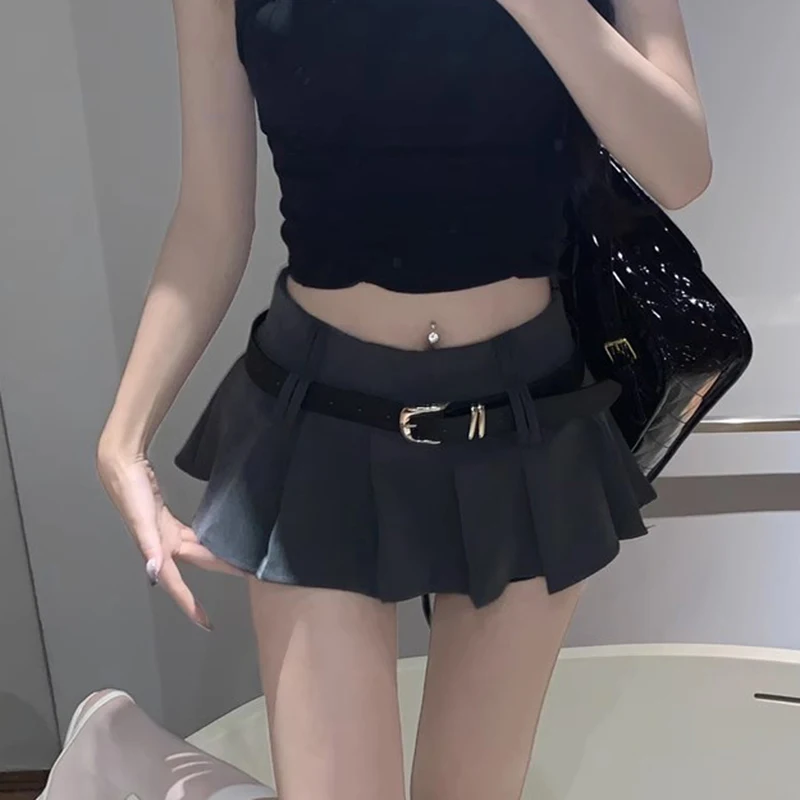 Xingqing Pleated Mini Skirt Women y2k Preppy Style Solid Color High Waist A Line Skirt with Belt 2000s Party Skirts Streetwear