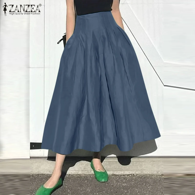ZANZEA Fashion Holiday Faldas Mujer Casual Women Solid Color High Waist Jupe Femmes Elegant Commute Pleated Front Midi Skirts