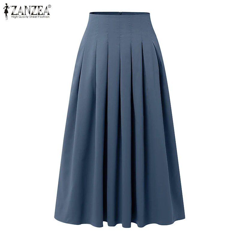 ZANZEA Fashion Holiday Faldas Mujer Casual Women Solid Color High Waist Jupe Femmes Elegant Commute Pleated Front Midi Skirts