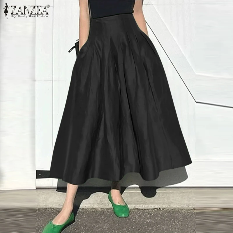 ZANZEA Fashion Holiday Faldas Mujer Casual Women Solid Color High Waist Jupe Femmes Elegant Commute Pleated Front Midi Skirts