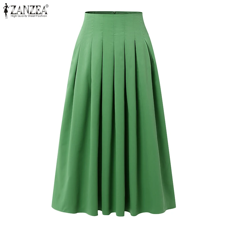 ZANZEA Fashion Holiday Faldas Mujer Casual Women Solid Color High Waist Jupe Femmes Elegant Commute Pleated Front Midi Skirts