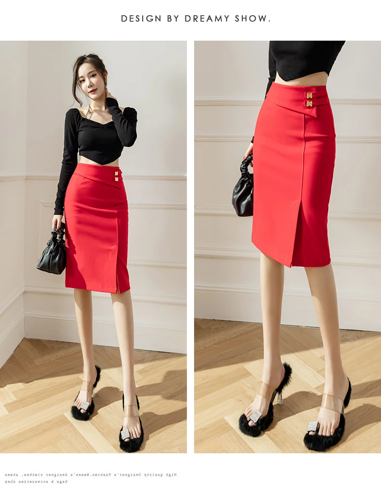 S-5XL Elastic Bodycon Office Skirts Women 2025 Fashion High Waist Black Pencil Skirt Elegant Korean Style Sexy Red Midi Skirt