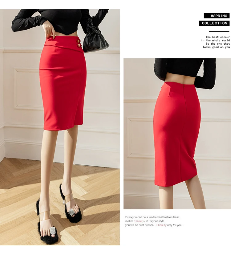 S-5XL Elastic Bodycon Office Skirts Women 2025 Fashion High Waist Black Pencil Skirt Elegant Korean Style Sexy Red Midi Skirt