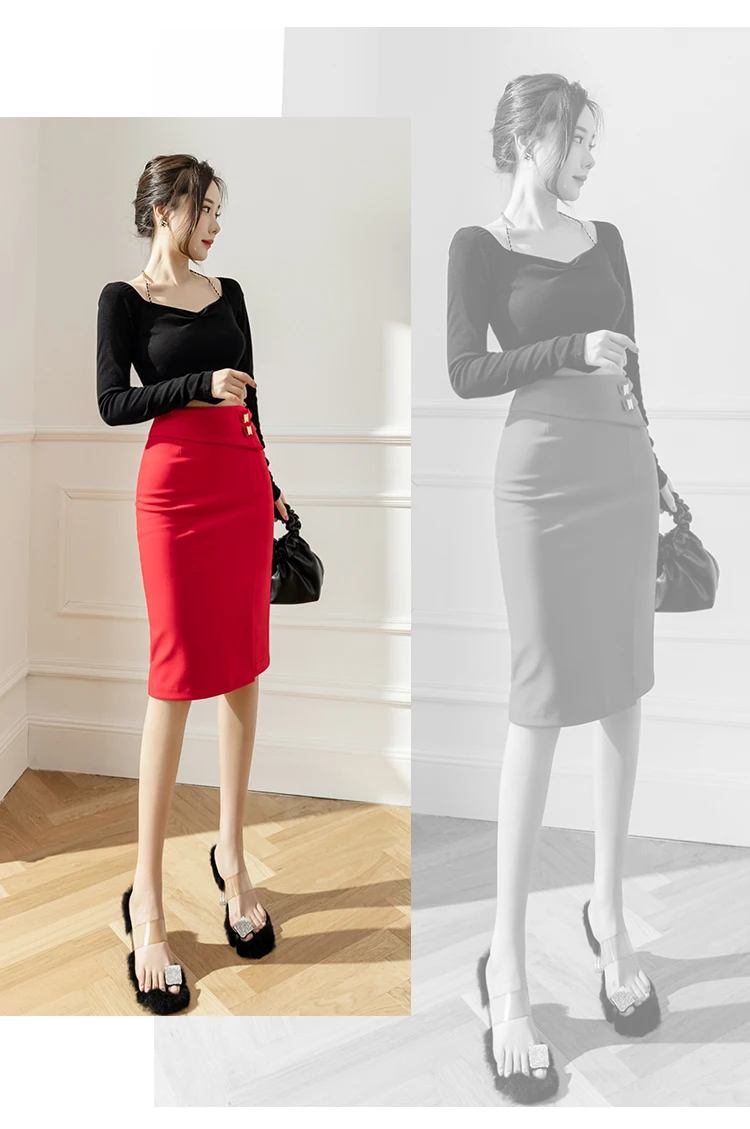 S-5XL Elastic Bodycon Office Skirts Women 2025 Fashion High Waist Black Pencil Skirt Elegant Korean Style Sexy Red Midi Skirt