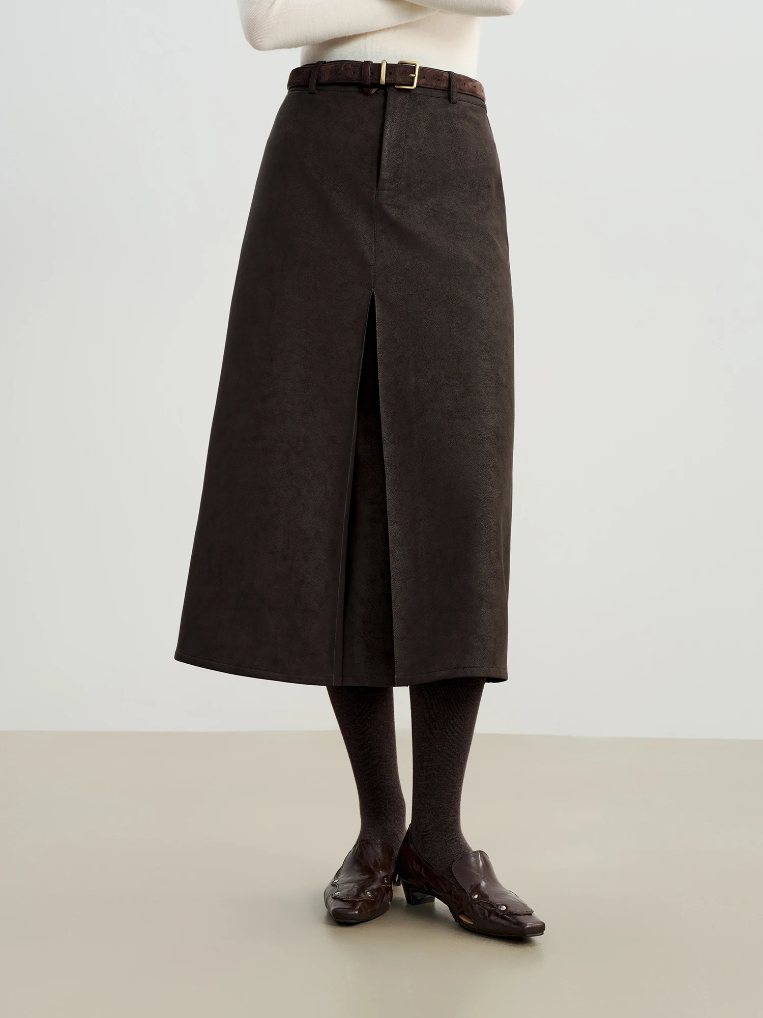 ZIQIAO 2025 Autumn Winter Women Retro Brown PU Leather Box Pleated Skirt - High Waist Midi Length A-Line Skirt for Casual