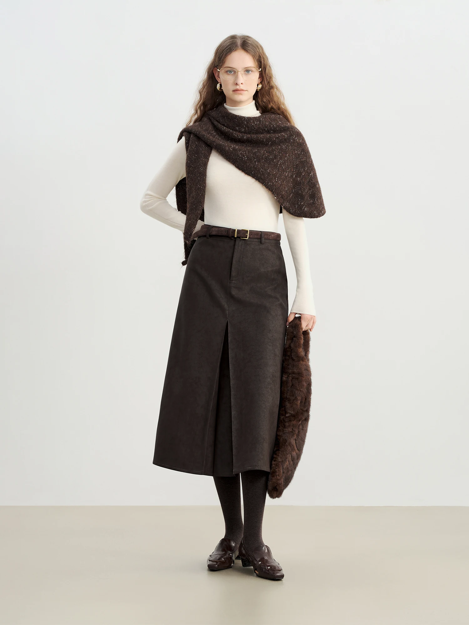 ZIQIAO 2025 Autumn Winter Women Retro Brown PU Leather Box Pleated Skirt - High Waist Midi Length A-Line Skirt for Casual