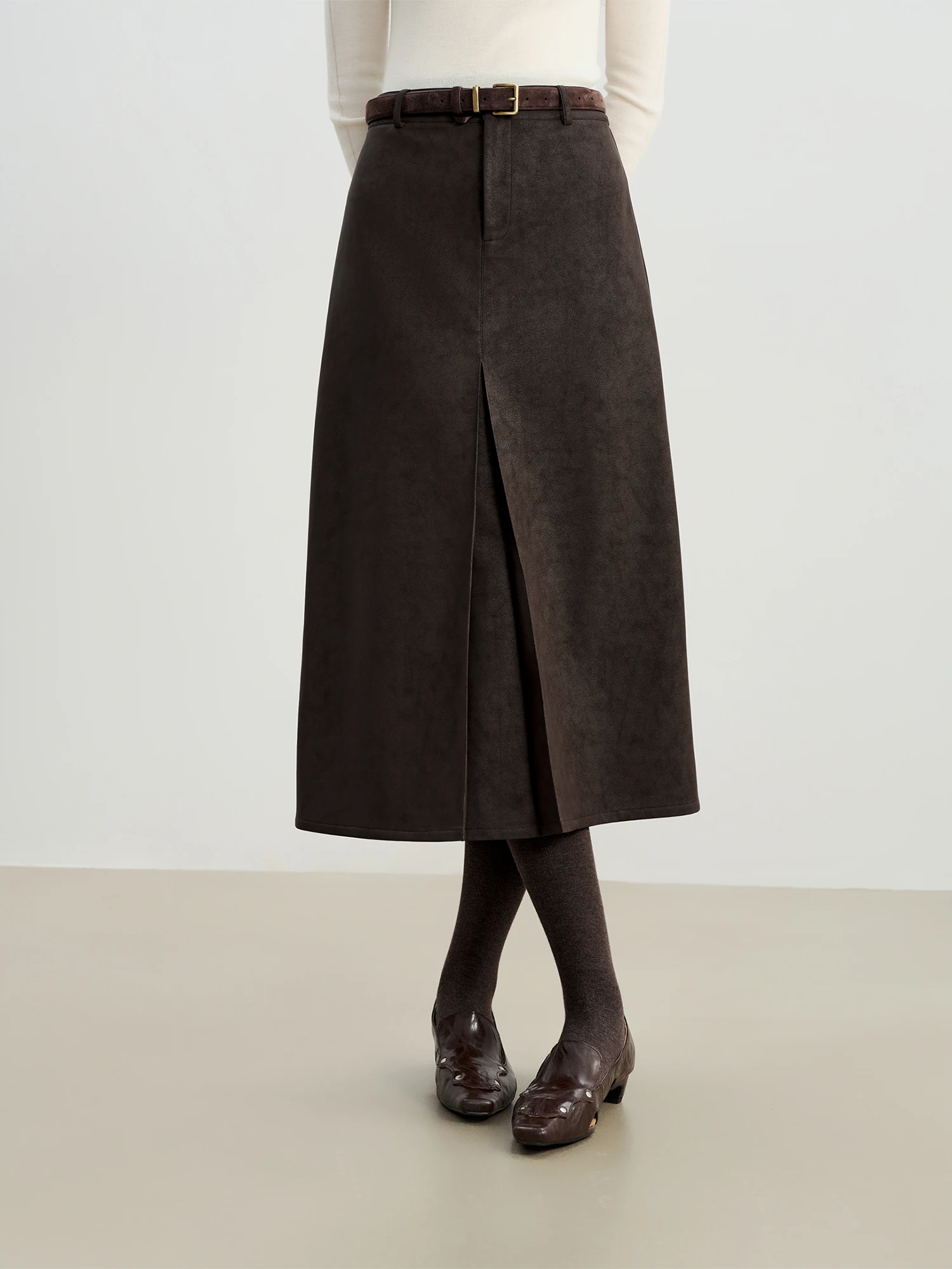 ZIQIAO 2025 Autumn Winter Women Retro Brown PU Leather Box Pleated Skirt - High Waist Midi Length A-Line Skirt for Casual