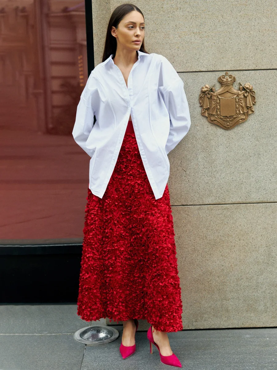 Bornladies Winter Red Fashion Long Petal Skirt Women's Design Inspired Evening Gown Elegant Lady Unique High Waisted Skirt