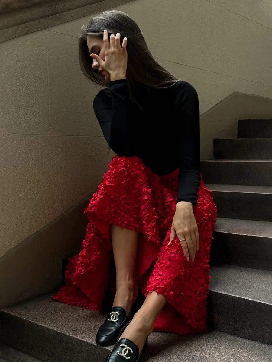 Bornladies Winter Red Fashion Long Petal Skirt Women's Design Inspired Evening Gown Elegant Lady Unique High Waisted Skirt