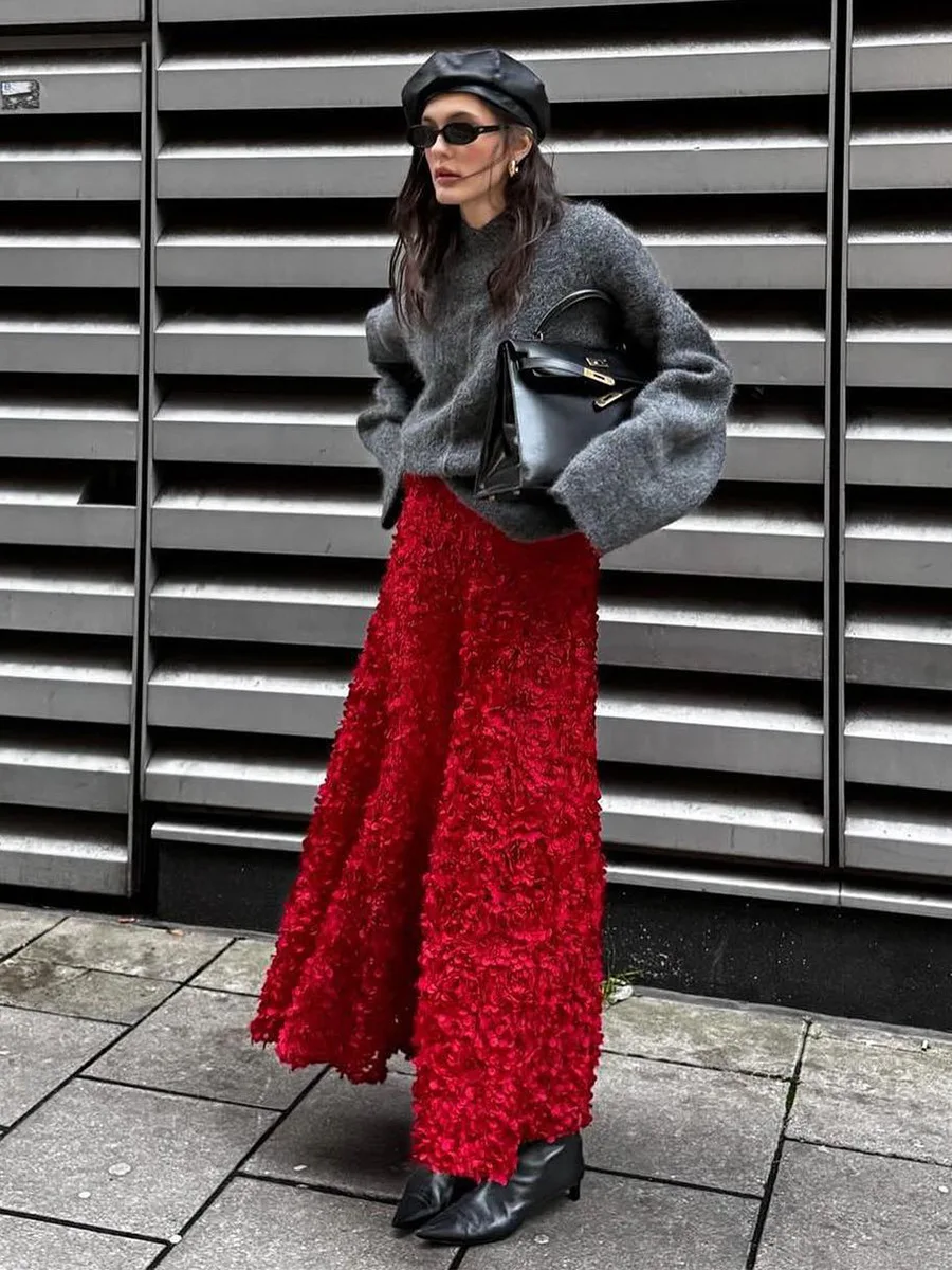 Bornladies Winter Red Fashion Long Petal Skirt Women's Design Inspired Evening Gown Elegant Lady Unique High Waisted Skirt