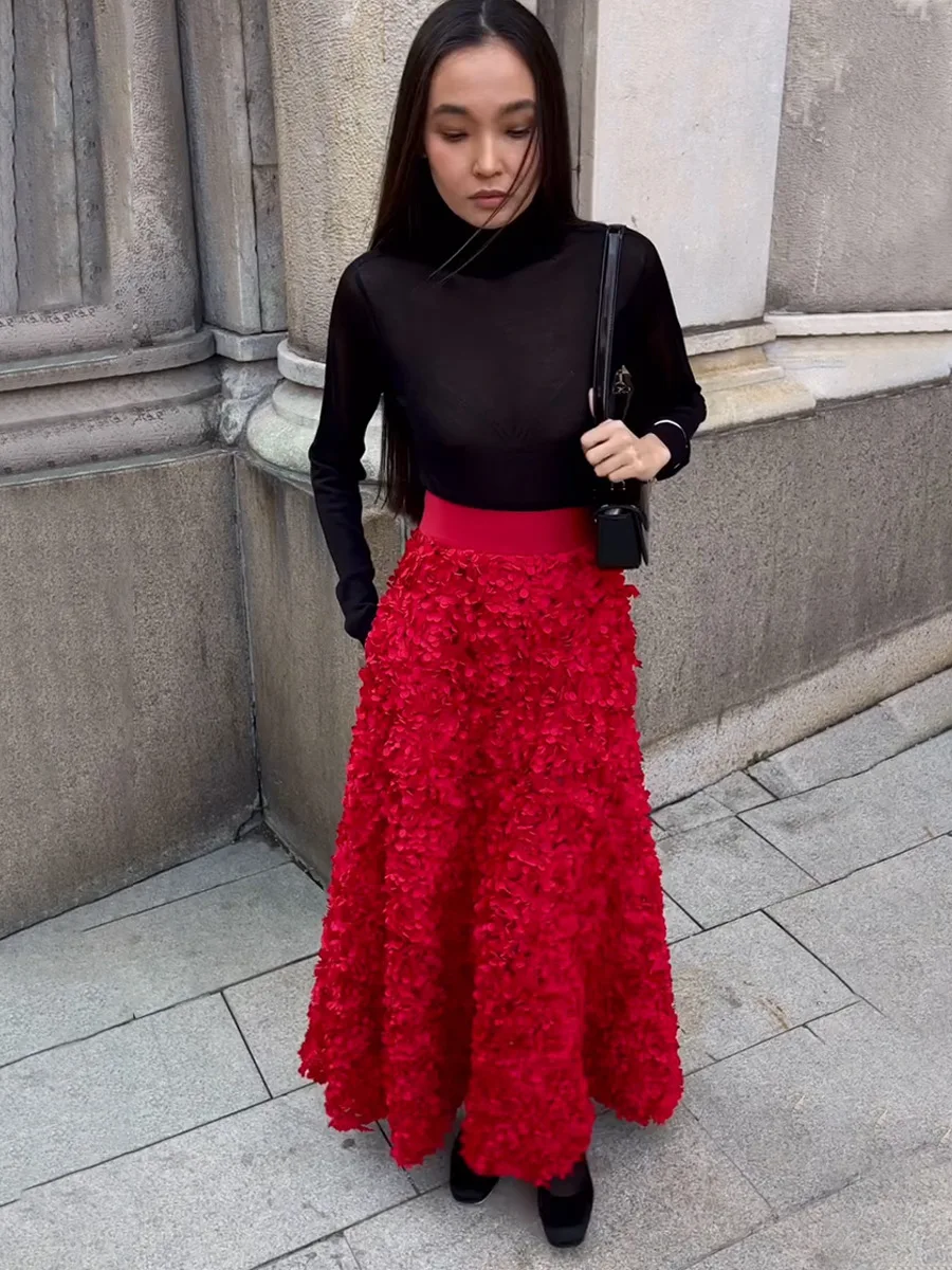 Bornladies Winter Red Fashion Long Petal Skirt Women's Design Inspired Evening Gown Elegant Lady Unique High Waisted Skirt