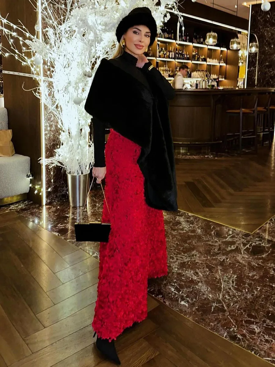 Bornladies Winter Red Fashion Long Petal Skirt Women's Design Inspired Evening Gown Elegant Lady Unique High Waisted Skirt