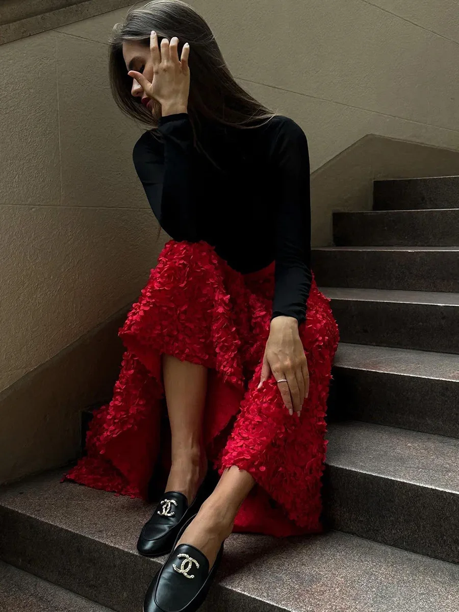 Bornladies Winter Red Fashion Long Petal Skirt Women's Design Inspired Evening Gown Elegant Lady Unique High Waisted Skirt