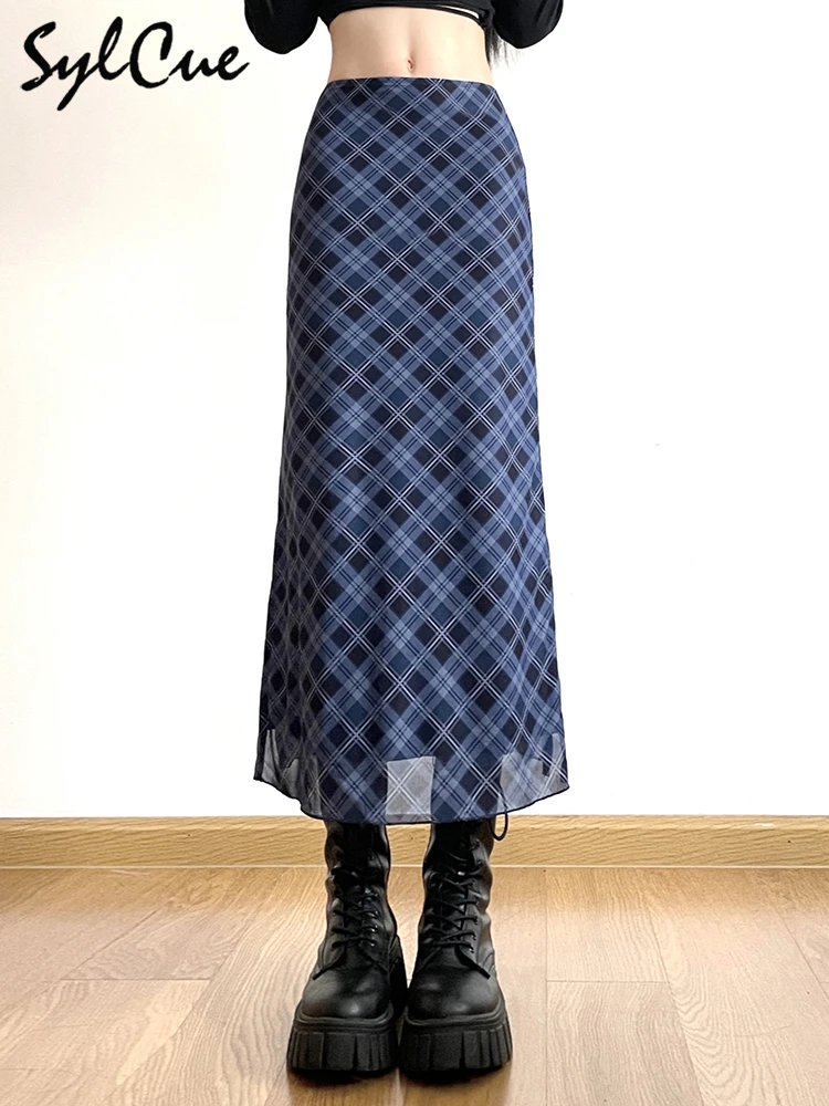 Sylcue French Style Rhomboid Classic Retro All-match Casual Fashionable Cool Self-confidence Street Women Autumn Straight Skirt