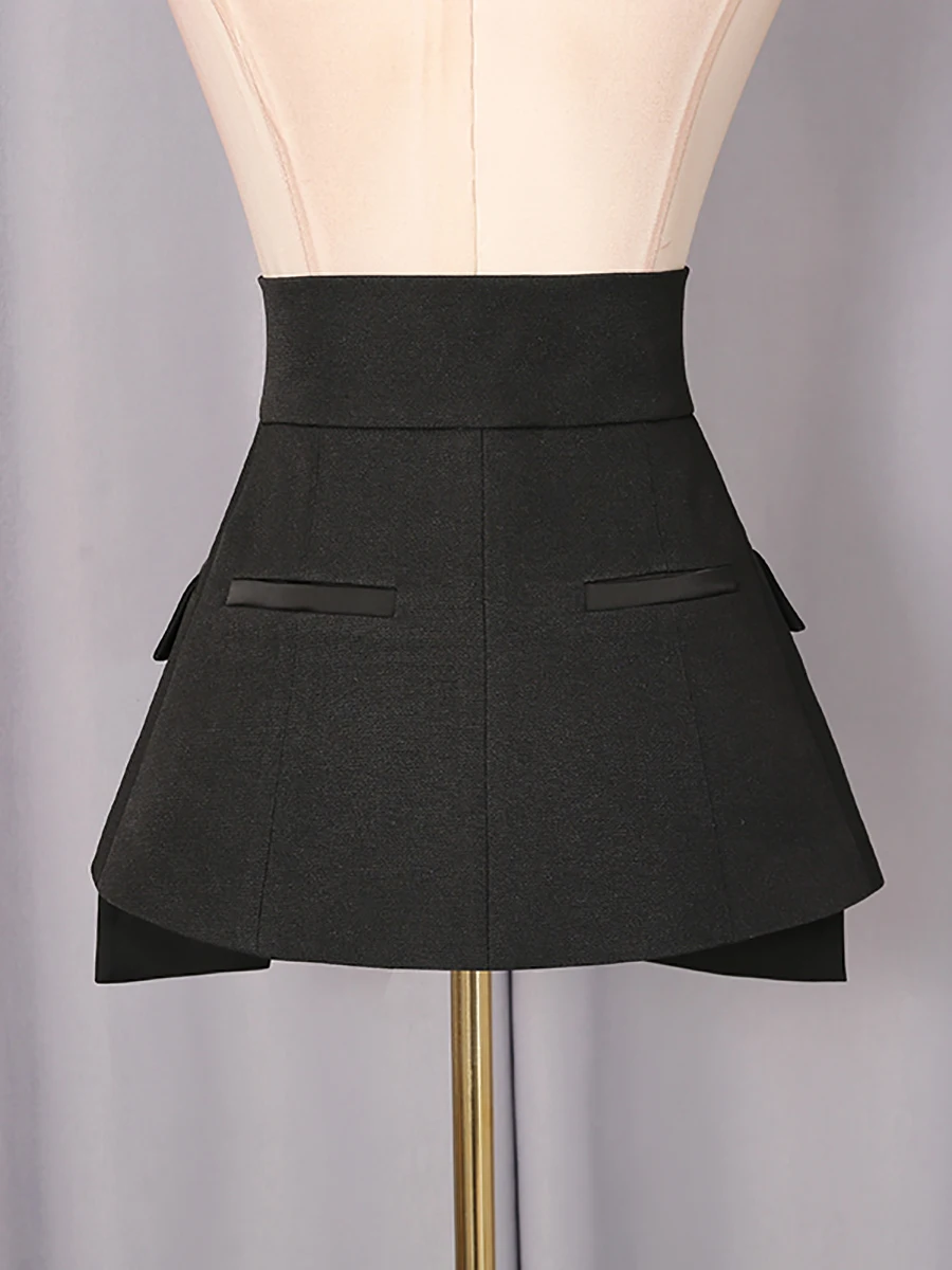 VGH Women's Chic Fashion Black Crystal Embellished Party Skirts High Waist Belted Faux Two Piece Skirt for Luxury Dinner Date
