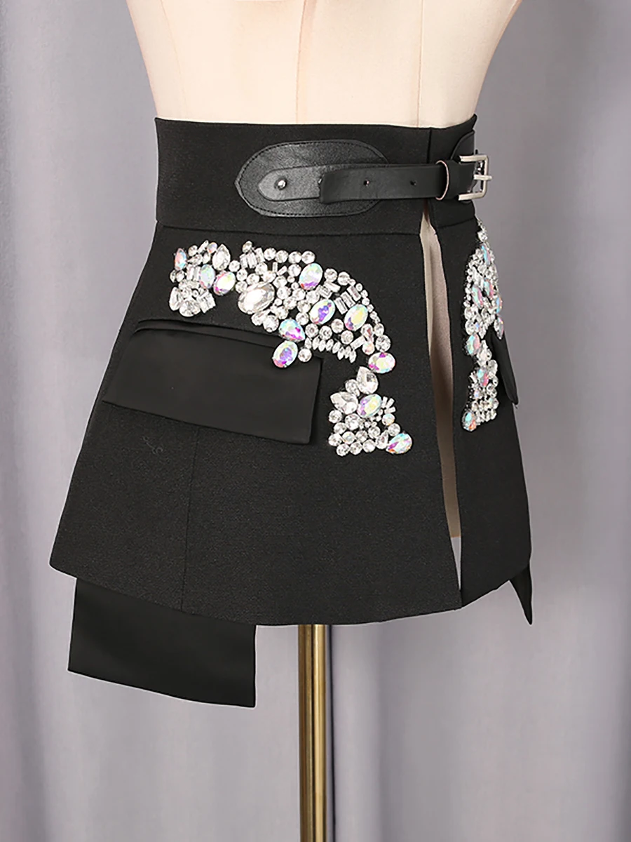 VGH Women's Chic Fashion Black Crystal Embellished Party Skirts High Waist Belted Faux Two Piece Skirt for Luxury Dinner Date